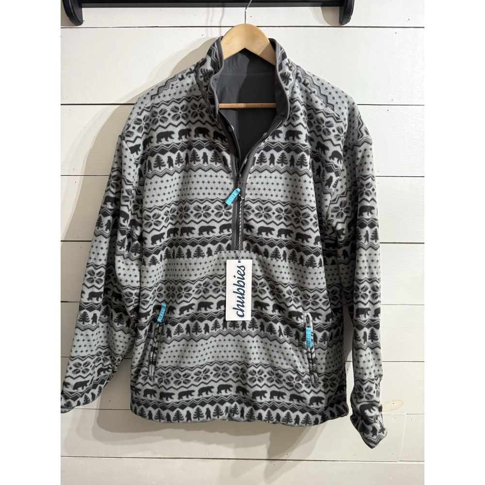 NEW Chubbies Jacket Mens Large Gray‎ Reversible Fleece Fair Isle Bears Anorak